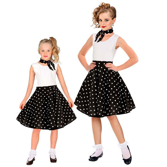 Black 50S Polka Dots Skirt & Neck Scarf Child Size  Adjustable Waist Circumference 28-33Cm 