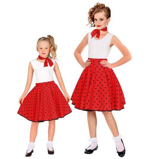 Red 50S Polka Dots Skirt & Neck Scarf Child Size  Adjustable Waist Circumference 28-33Cm 
