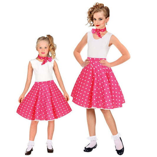 Pink 50S Polka Dots Skirt & Neck Scarf Child Size  Adjustable Waist Circumference 28-33Cm 