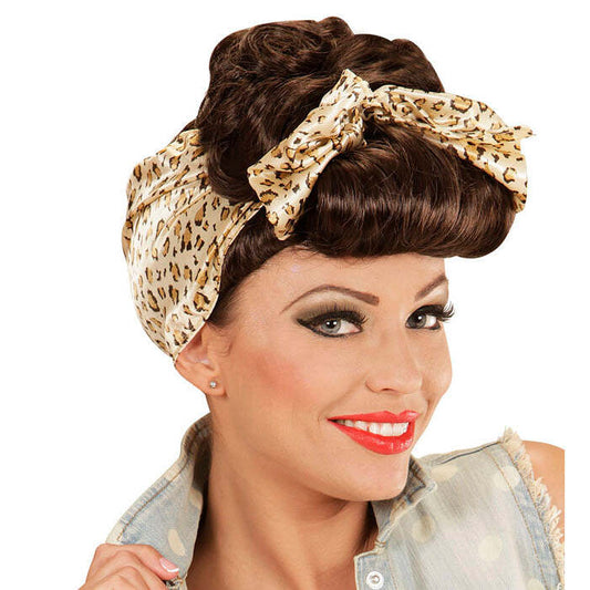Brown Rockabilly Pin Up Girl Wig With Animalier Headscarf In Box