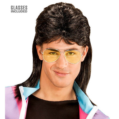 Black 80'S Mullet Wig With Glasses In Polybag