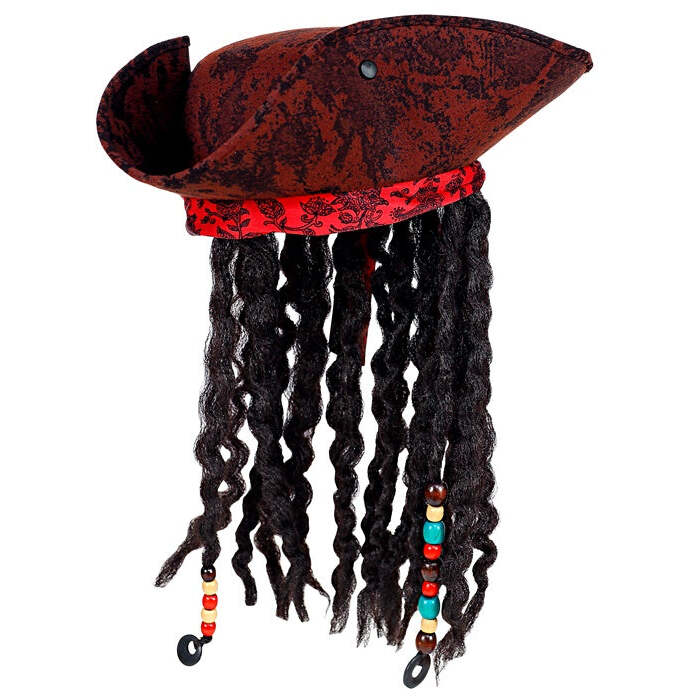 Distressed Leather Look Pirate Tricorn With Bandana & Dreadlocks