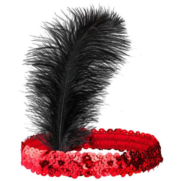 Red Sequin Headband With Feather