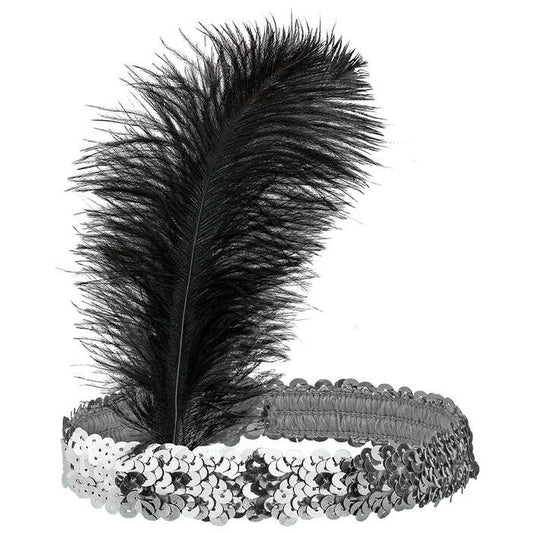 Silver Sequin Headband With Feather