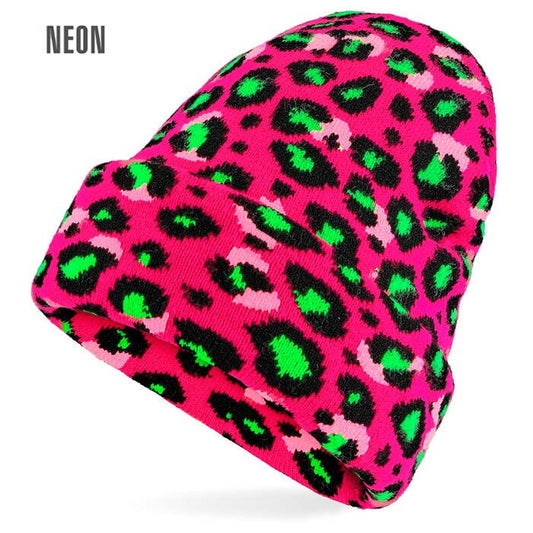 Hat Beanie Animalier Leopard Neon Pink Wool Look