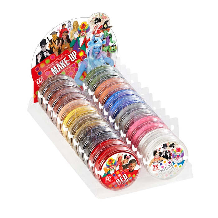Display Box Of 24 Carnival Makeup In Tray 25 G  6 White, 6 Black, 2 Red, 2 Silver, 2 Gold, 2 Blue, 2 Yellow, 2 Green 