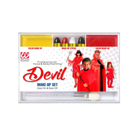 Devil Makeup Set  4 Makeup Sticks, Yellow & Red Makeup In Tray, Applicator  - Color Make Up 12 G, Sticks 8 G