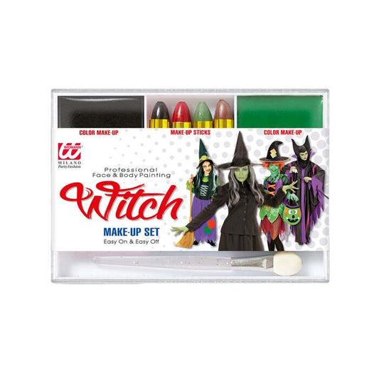 Witch Makeup Set  4 Makeup Sticks, Black & Green Makeup In Tray, Applicator 