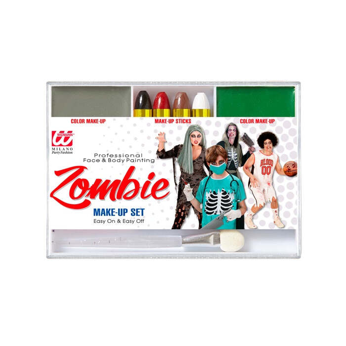 Zombie Makeup Set  4 Makeup Sticks, Grey & Green Makeup In Tray, Applicator  - Color Make Up 12 G, Sticks 8 G