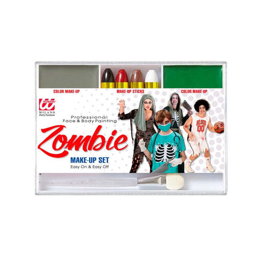 Zombie Makeup Set  4 Makeup Sticks, Grey & Green Makeup In Tray, Applicator  - Color Make Up 12 G, Sticks 8 G