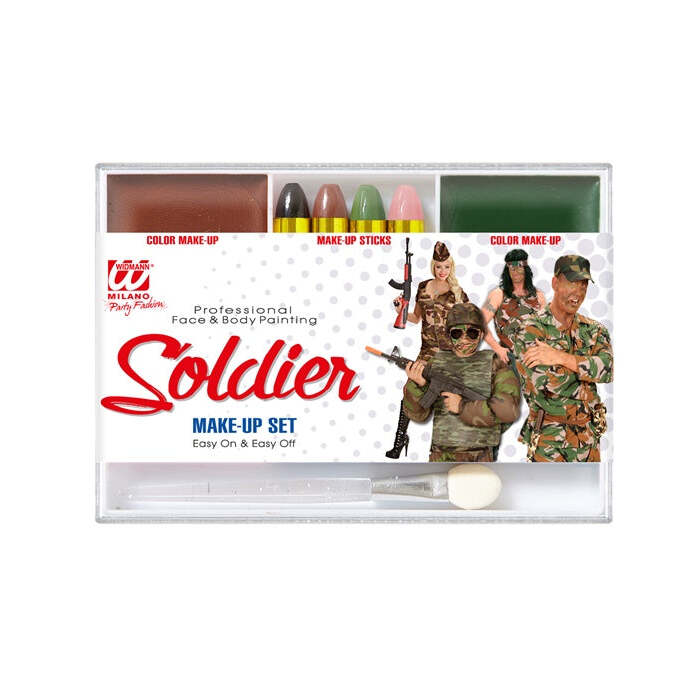 Soldier Makeup Set  4 Makeup Sticks, Brown & Green Makeup In Tray, Applicator 
