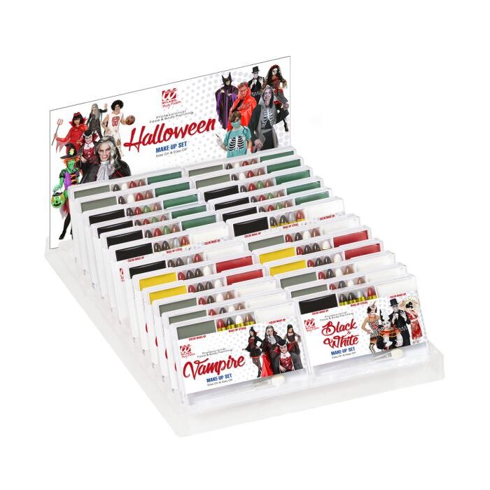 Display Box Of 24 Halloween Makeup Set  6 Vampire, 6 Witch, 4 Devil, 4 Zombie, 4 Black & White 