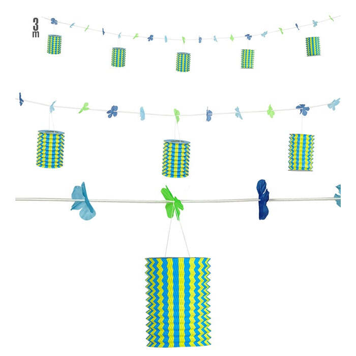 Blue/Yellow Lantern Garland With Flowers 3 M