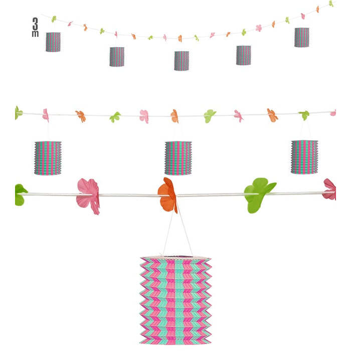 Pink/Green Lantern Garland With Flowers 3 M