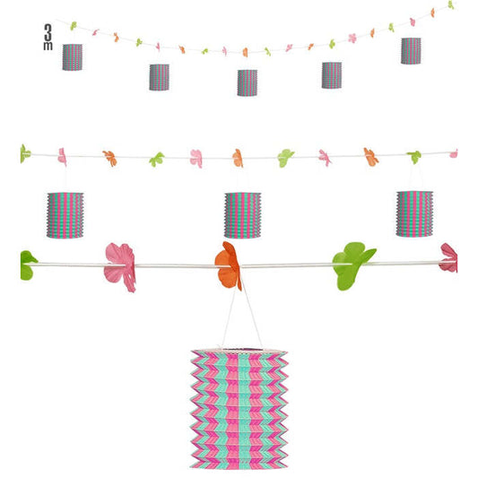 Pink/Green Lantern Garland With Flowers 3 M