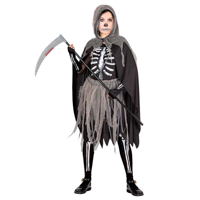 Grim Reaper  Bones Dress, Tights & Gloves, Hooded Cape, Chains  