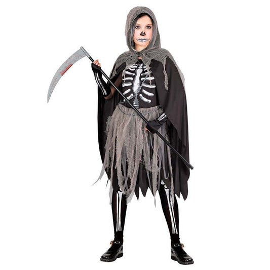 Grim Reaper  Bones Dress, Tights & Gloves, Hooded Cape, Chains  