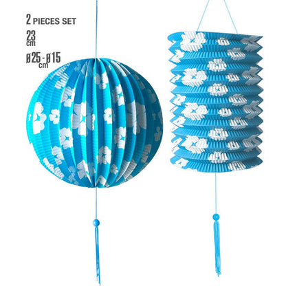 Set Of Blue Paper Ball Ø 25 Cm & Lantern Ø 15 Cm - H 23 Cm Printed With White Flowers