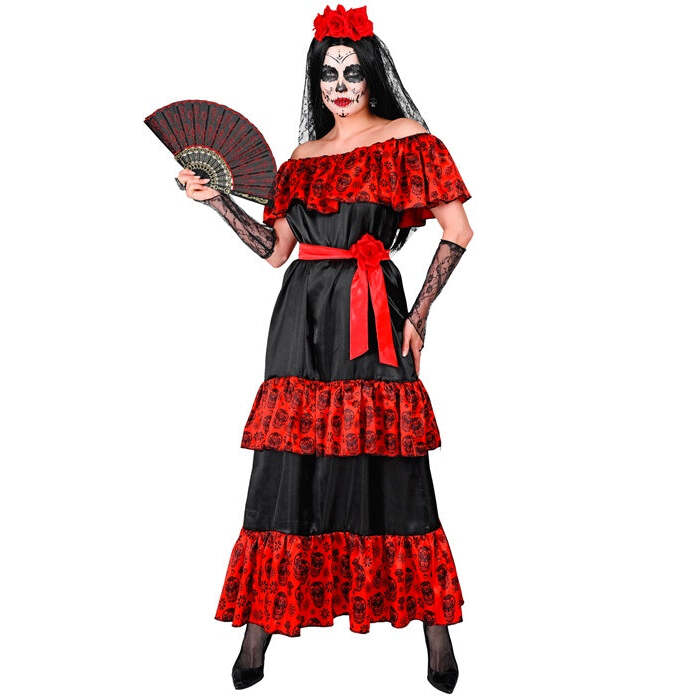 Mujer Dia De Los Muertos  Dress, Rose Belt, Fingerless Gloves, Flower Veil 