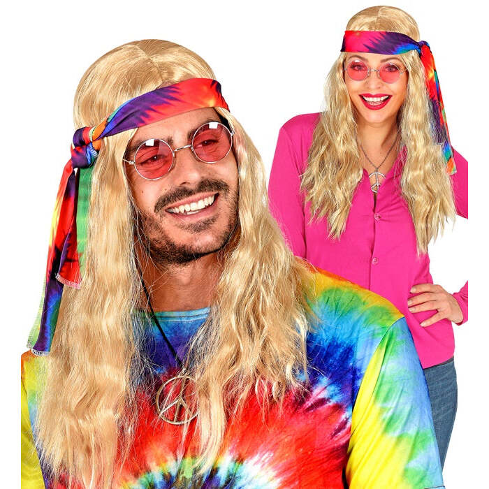 Blonde Hippie Wig With Tie-Dye Headband In Box