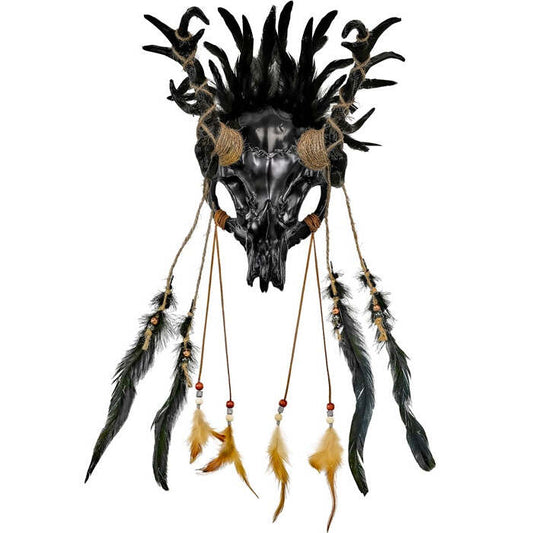 Mask Shaman Bull Skull With Feathers Black