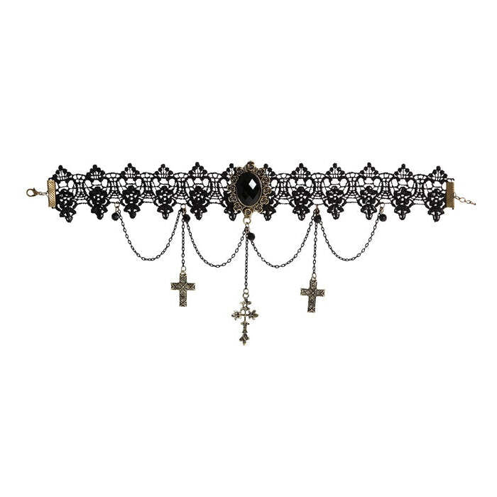 Black Gem Pendant, Chains & Crosses Lace Gothic Choker