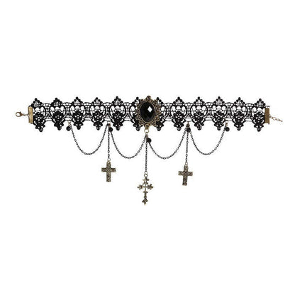 Black Gem Pendant, Chains & Crosses Lace Gothic Choker