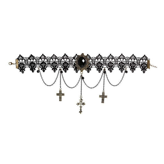 Black Gem Pendant, Chains & Crosses Lace Gothic Choker