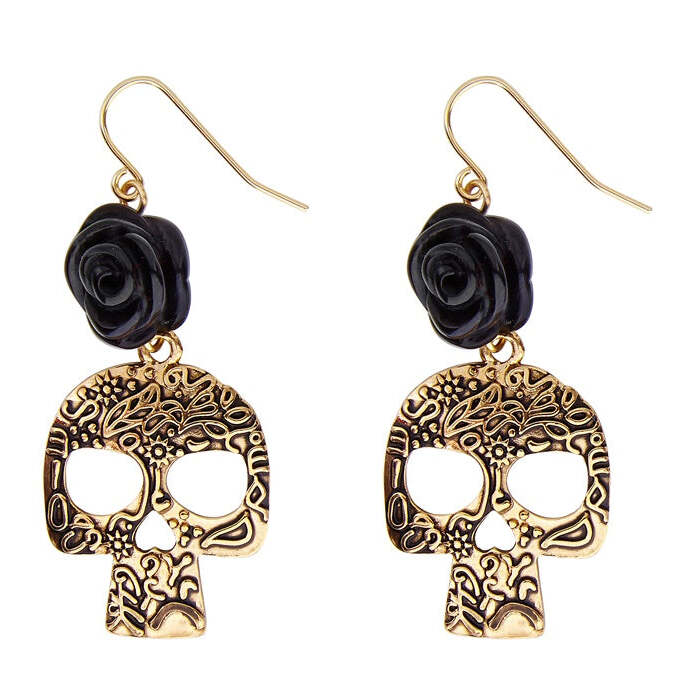 Pair Of Black Rose & Gold Skull Earrings