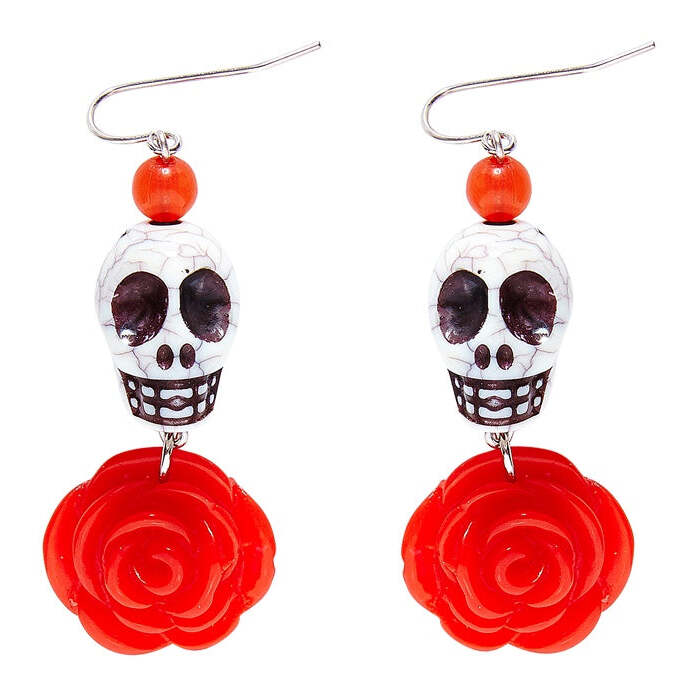 Pair Of White Skull & Red Rose Earrings