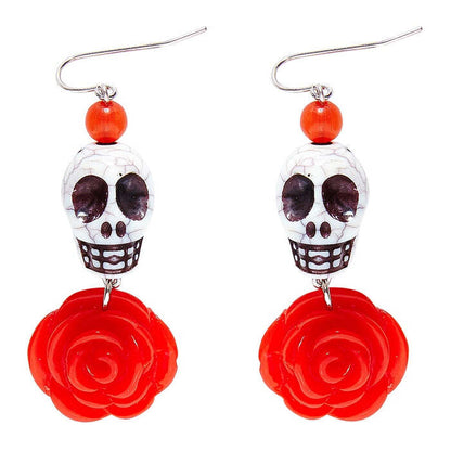 Pair Of White Skull & Red Rose Earrings