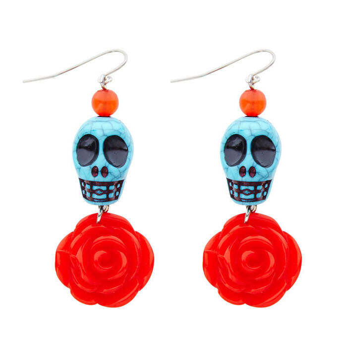 Pair Of Azure Skull & Red Rose Earrings
