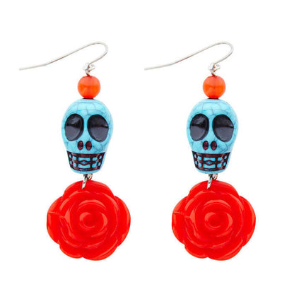 Pair Of Azure Skull & Red Rose Earrings