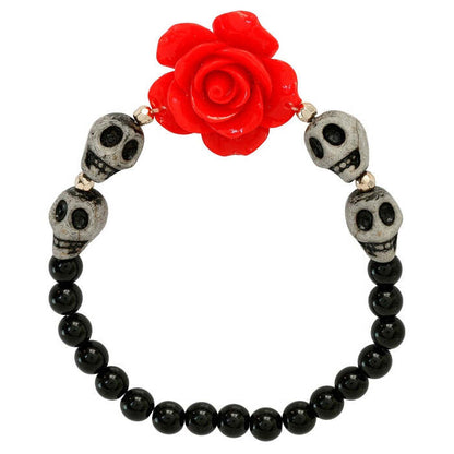Red Rose & White Skulls Beaded Bracelet