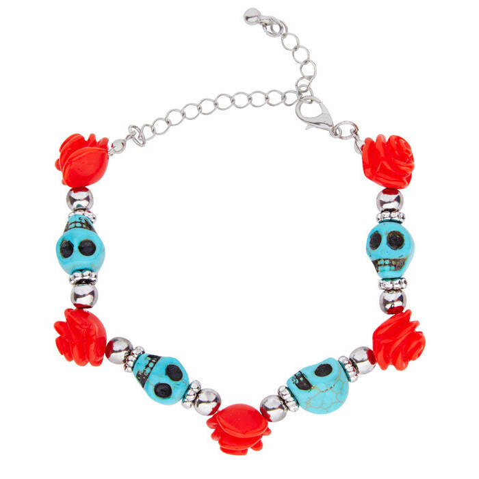 Azure Skulls & Red Roses Beaded Bracelet
