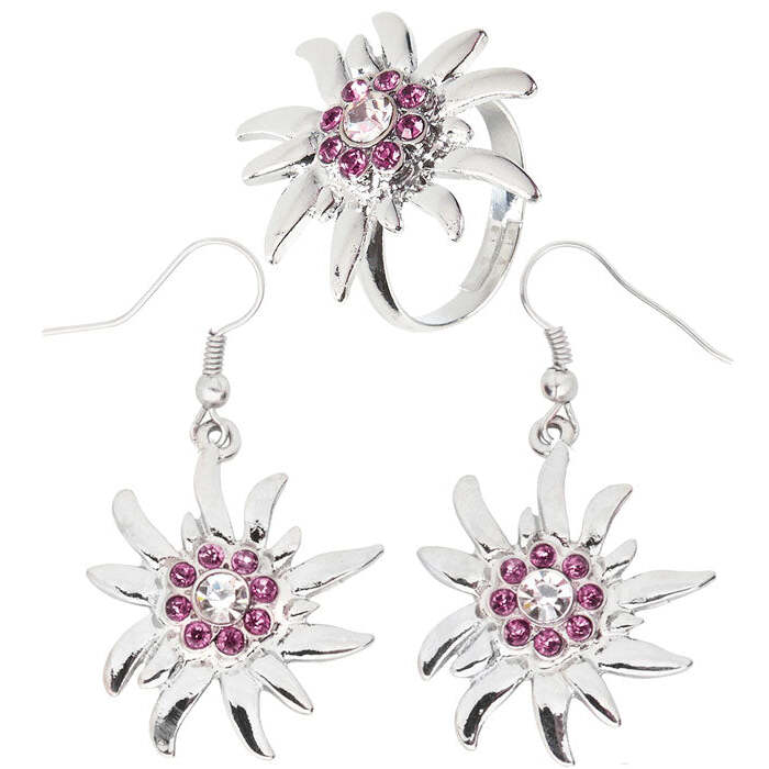 Edelweiss Earrings & Ring With Clear & Pink Strass