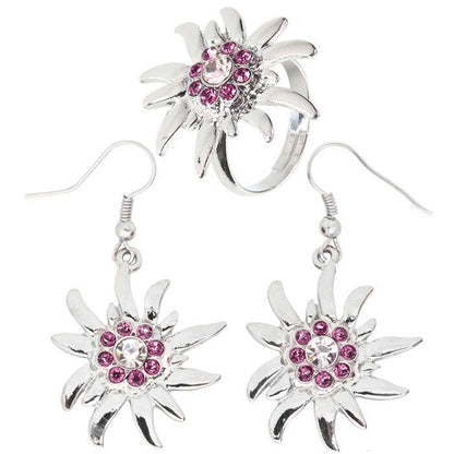 Edelweiss Earrings & Ring With Clear & Pink Strass