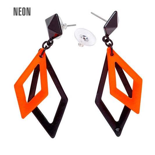 Pair Of Black & Neon Orange Rhombus Earrings