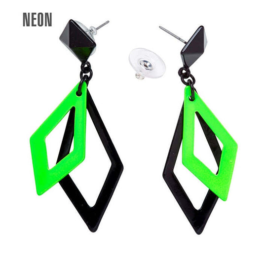 Pair Of Black & Neon Green Rhombus Earrings