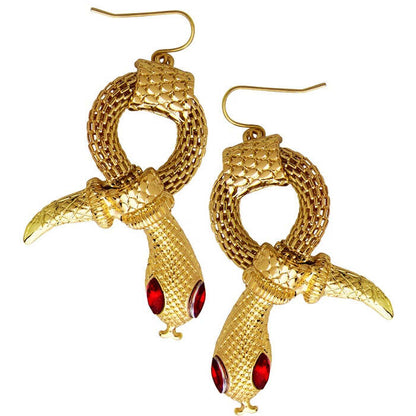 Pair Of Gold Snake Earrings With Red Gem Eyes