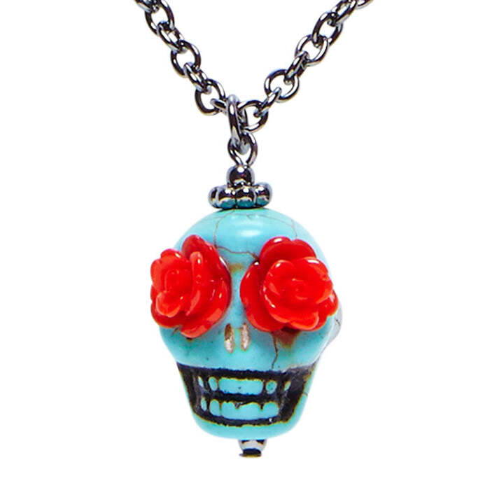 Azure Skull With Red Rose Eyes Necklace