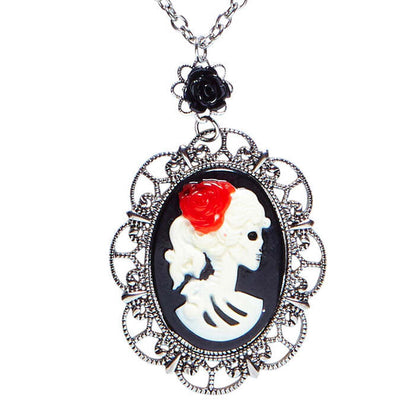 Necklace With Black Rose & Skull Cameo