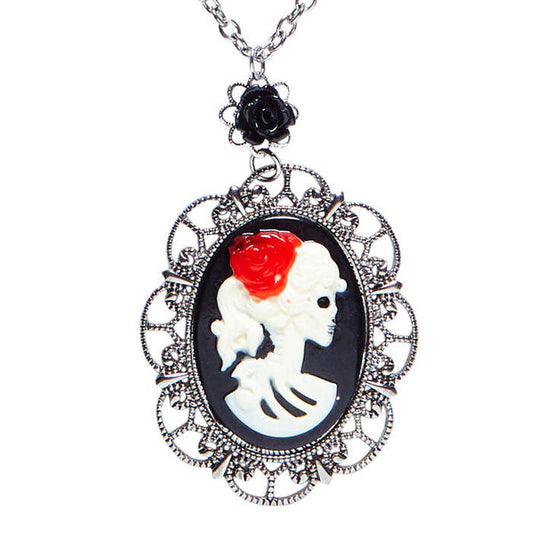 Necklace With Black Rose & Skull Cameo