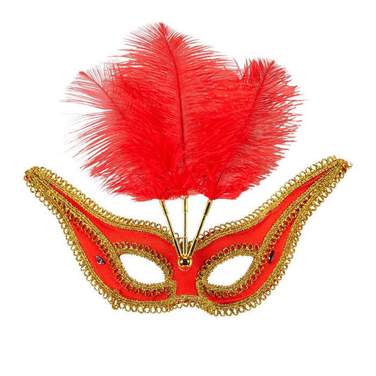 Red Eyemask With Gold Trim & Feathers