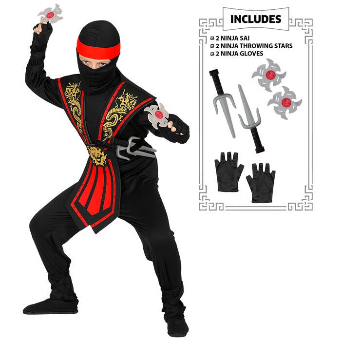 Red Kombat Ninja With Weapons  Jumpsuit, Chestpiece, Belt, Arm & Leg Ties, Mask, Headband, Gloves, 2 Ninja Daggers, 2 Ninja Throwing Stars 