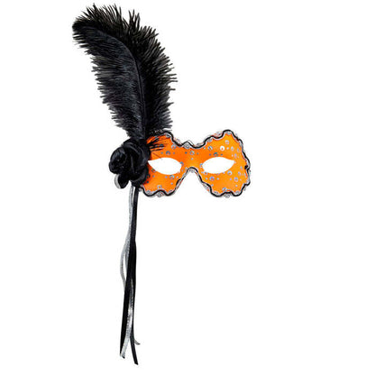Neon Orange Brazil Eyemask With Holographic Sequin, Rose, Ribbons & Feather