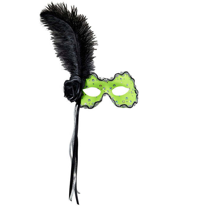 Neon Green Brazil Eyemask With Holographic Sequin, Rose, Ribbons & Feather