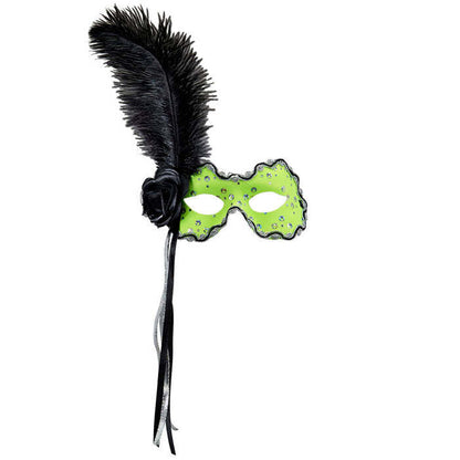 Neon Green Brazil Eyemask With Holographic Sequin, Rose, Ribbons & Feather