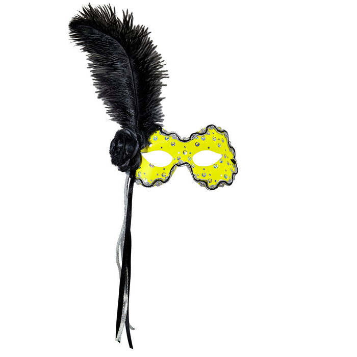 Neon Yellow Brazil Eyemask With Holographic Sequin, Rose, Ribbons & Feather