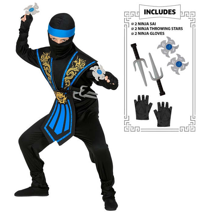 Blue Kombat Ninja With Weapons  Jumpsuit, Chestpiece, Belt, Arm & Leg Ties, Mask, Headband, Gloves, 2 Ninja Daggers, 2 Ninja Throwing Stars 